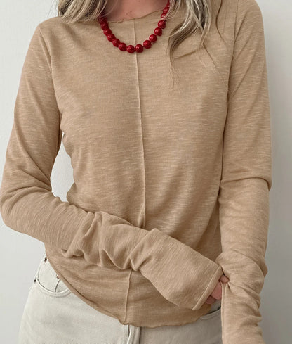 maoxiangshop  -  White Pleated Knitwear Tees Women Round Neck Inner Solid Slim Basic Tees Autumn Winter 2024 Office Lady Pullover Top