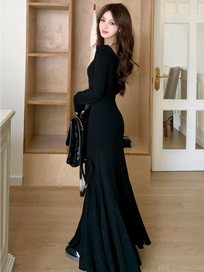 Elegant Korean Long Mermaid Dress Women  Winter Sexy Slim Office Lady Party Dress Female Long Sleeve Vintage Fairy Dress Y2k