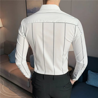 maoxiangshop Mens Shirts Autumn New Long Sleeve Stripe Dress Shirt Solid Casual Formal Wear Slim Fit Chemise Homme Camisas Men Clothing