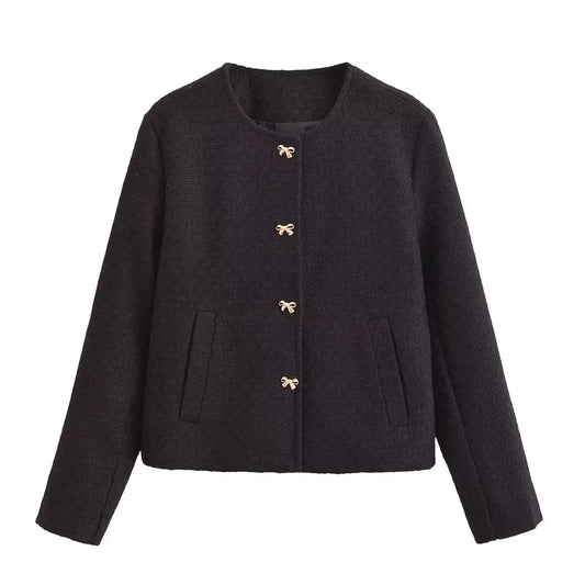 maoxiangshop  -  Fashion O-Neck Women Jacket Coat 2024 Female Autumn Chic Bow Button with Pockets Outerwear Lady New Black Jackets Coats
