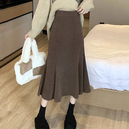 maoxiangshop Corduroy Long Mermaid Skirt Woman Autumn Winter Ruffles High Waist Midi Skirts Women Korean Back Elastic Black Skirts