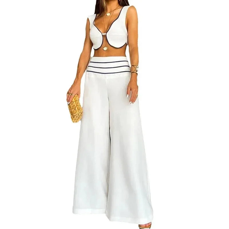 maoxiangshop  -  Sexy Short Vest and Casual Pants Set, Contrast Color, Low Cut, Autumn Fashion