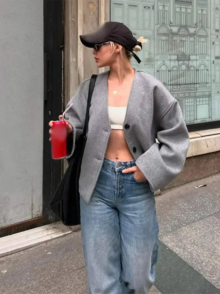 maoxiangshop  -  Warm Button Pockets V Neck Crop Jacket For Women Casual Solid Long Sleeves Short Coat 2024 New Autumn Lady Office Outerwear