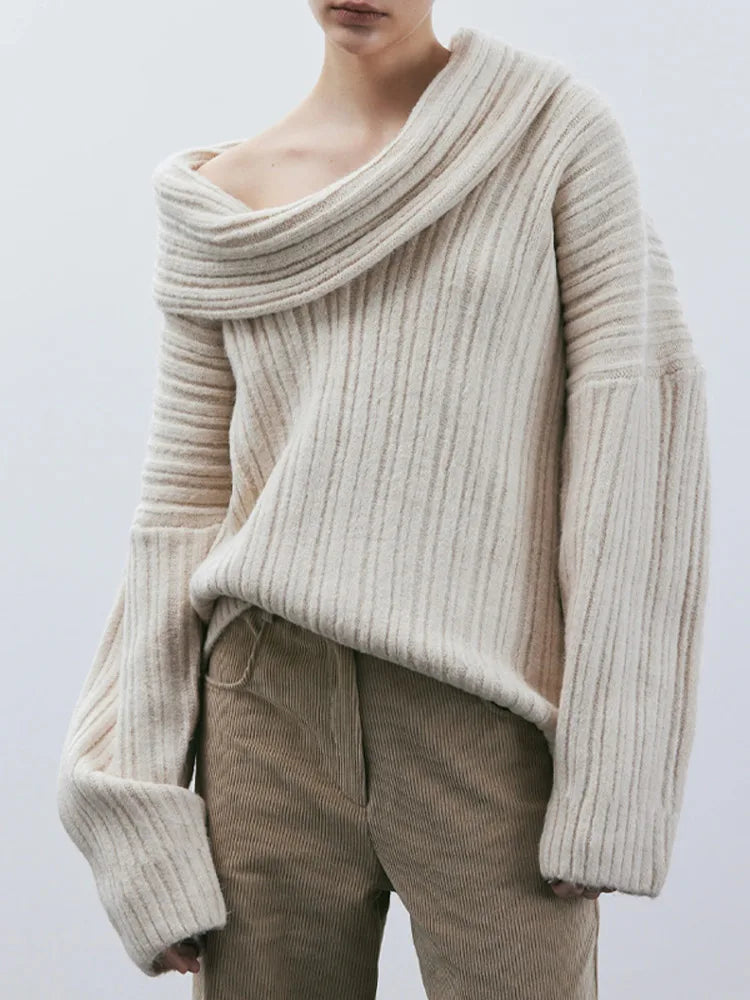 maoxiangshop -  Rib Knit Off Shoulder Pullover For Women Fashion Long Sleeved White Warm Knitwear Sweater Autumn Chic Female Street Jumper