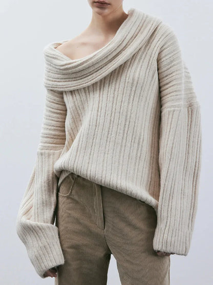 maoxiangshop -  Rib Knit Off Shoulder Pullover For Women Fashion Long Sleeved White Warm Knitwear Sweater Autumn Chic Female Street Jumper