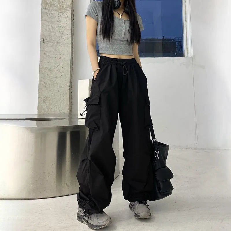 maoxiangshop Hip Hop Women Cargo Pants Streetwear All Match Y2K Wide Leg Pants Korean Elastic Waist Sweatpants Female Chic Trousers