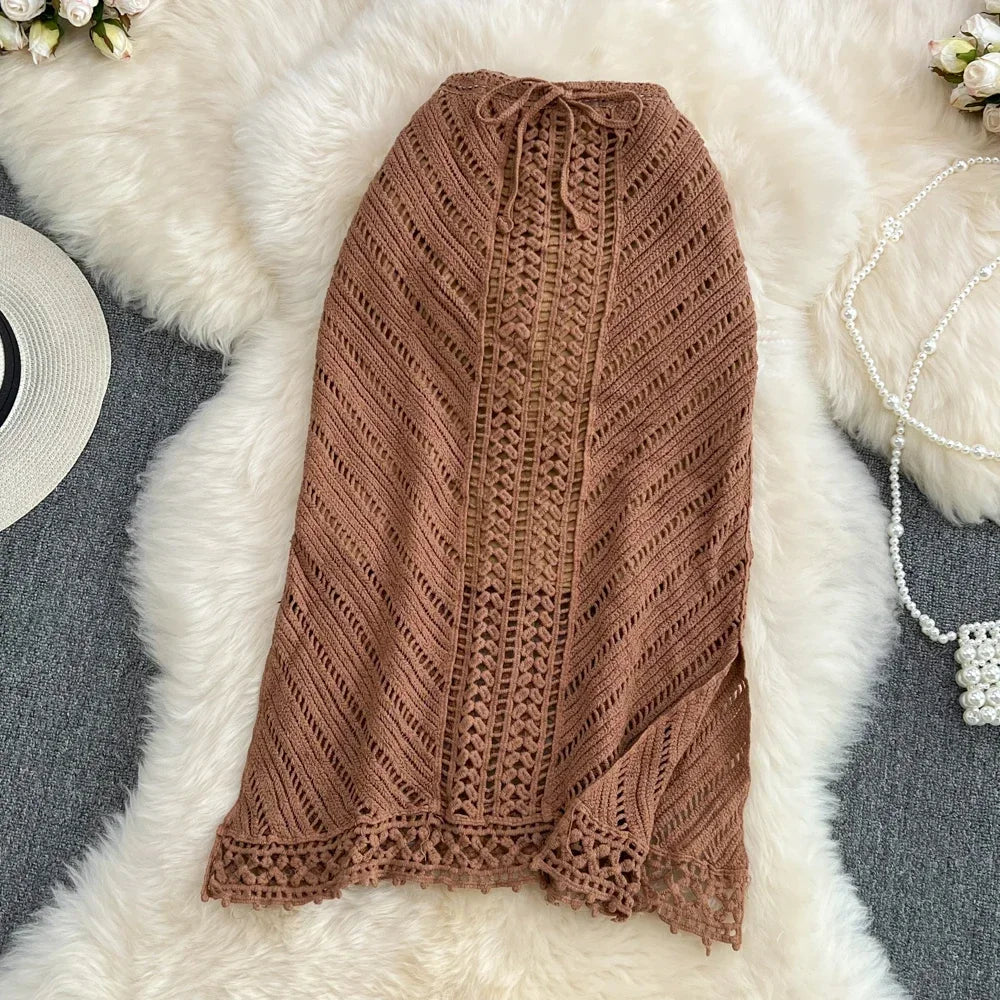 maoxiangshop Boho Summer Beach Sexy Skirts Women Lace-up Crochet Hollow Out Female Sheath Skirts Ladies High Waist Elegant Skirt