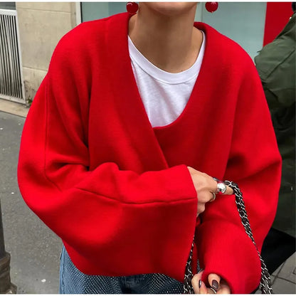 maoxiangshop  -  Loose Casual Red knitted Sweater Female 2024 Fashion Autumn Winter Long Sleeve Pullovers V Neck Splice Women's Solid Top