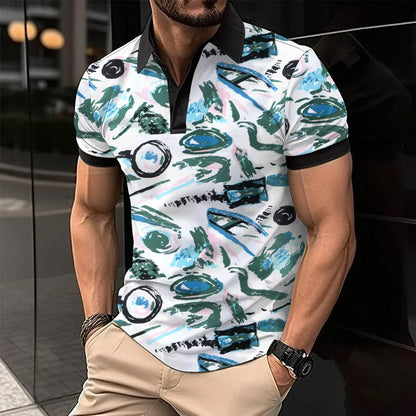 maoxiangshop 2024 Summer Best-Selling Men's Polo Shirt Lapel Printed Men's Clothing Stripes Polo Shirt Casual Sports Men's Shirt