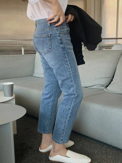 maoxiangshop High Waist Pockets Boyfriend Jeans Women Stretch Blue Ladies Denim Cargo pants Straight Pants Washed Trousers Streetwear Jeans