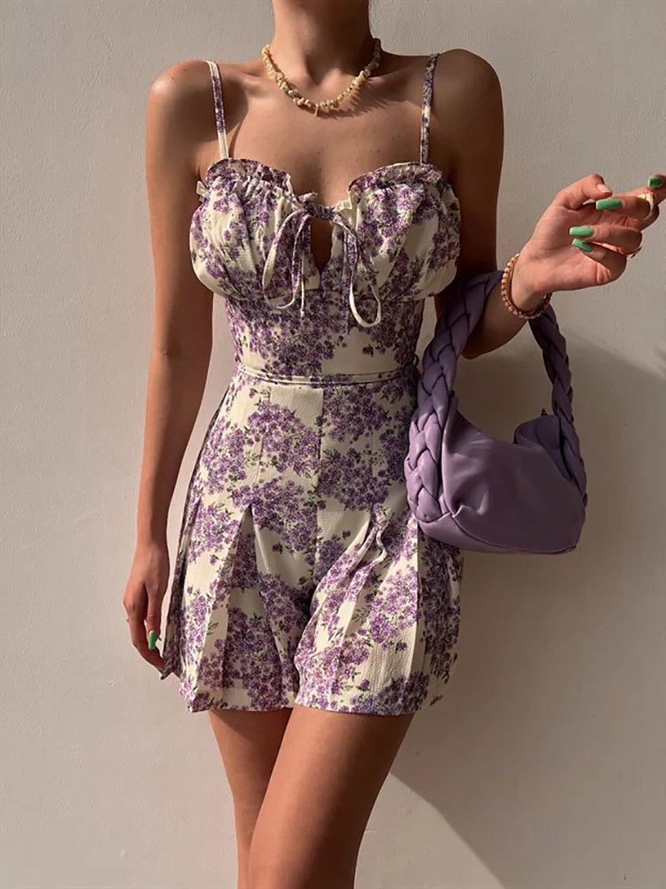 maoxiangshop Summer Floral Short Jumpsuits Women Sexy White Backless Lace-up Beach Playsuit Fashion Wide Leg Rompers Womens Jumpsuit