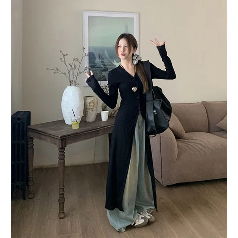 Streetwear Black Midi Dress Women Y2K V Neck Tunic Robe Korean Fashion Long Sleeve Slim All Match One Pieces Dresses New