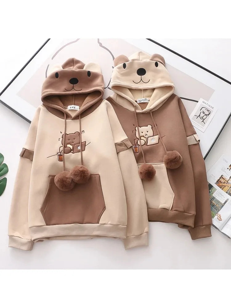 maoxiangshop Women Cute Drawstring Bear Embroidery Fleece Hoodies Winter Korean Fashion Harajuku Hoody Sweatshirt Female Pullover Top