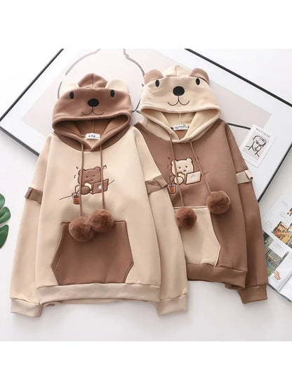 maoxiangshop Women Cute Drawstring Bear Embroidery Fleece Hoodies Winter Korean Fashion Harajuku Hoody Sweatshirt Female Pullover Top