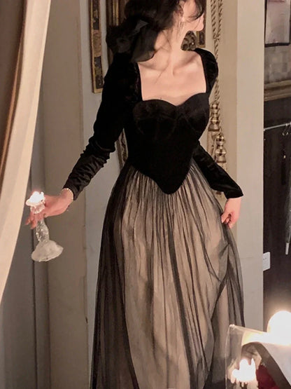 Autumn Elegant Velvet Long Sleeve Midi Dress Woman Slim Vintage Evening Party Dress Female Casual Korean Fashion Dress Chic