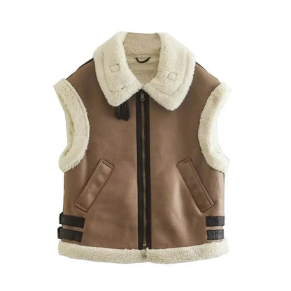 maoxiangshop  -  Women Autumn Faux Fur Vest Coat Warm Vintage Female Vests Coat Nude Zipper Sleeveless Jacket New in Outerwears