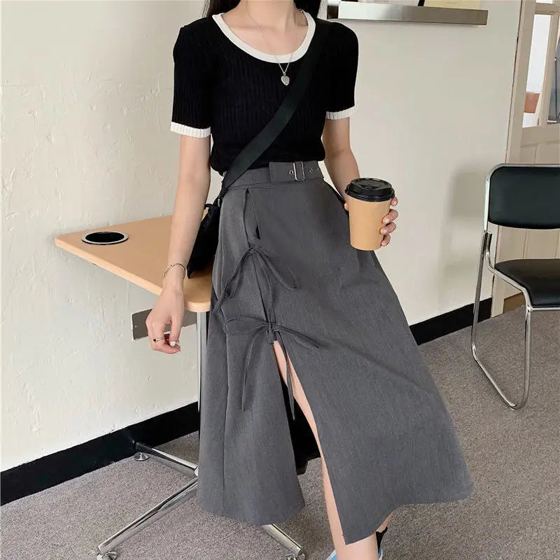 maoxiangshop Vintage Dark Gothic High Split Mid-Calf Skirts Women Elegant Fashion Party Club High Waist Femme Bottom Streetwear Goth Skirt