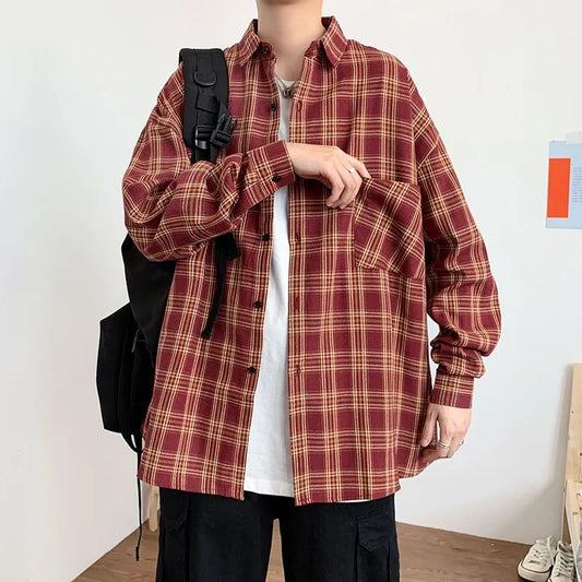 maoxiangshop Fashion Lapel Button Spliced Pockets Lattice Shirt Men's Clothing Spring New Loose Casual Tops Long Sleeve Korean Shirts