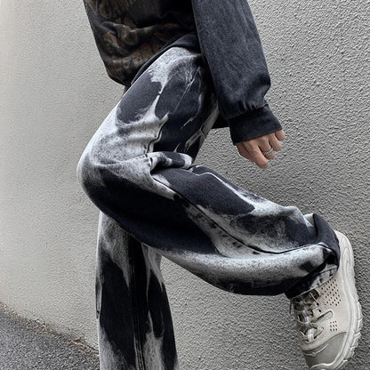 maoxiangshop Tie-dye Jeans Men High Street Straight Denim Pants Men Baggy Fashion Trend Jean Pants Mens Wide-leg Trousers BF Clothing