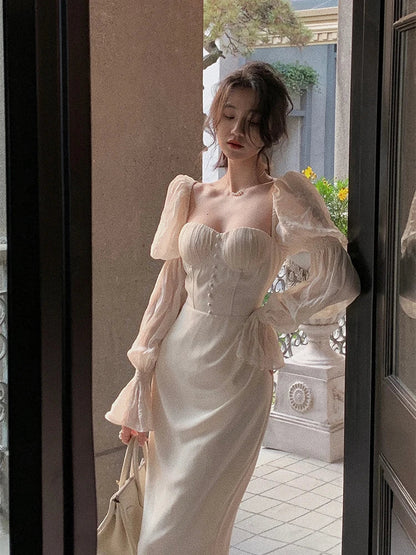 Vintage Women Fashion Elegant Puff Sleeve Midi Corset Maxi Dresses Evening Prom Female Party Lady Clothes Vestdios Summer
