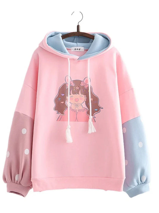 maoxiangshop Sweet Style Kawaii Print Graphic Fleece Women Hoodies Winter Harajuku Cute Drawstring Hoody Sweatshirt Female Pullover Top