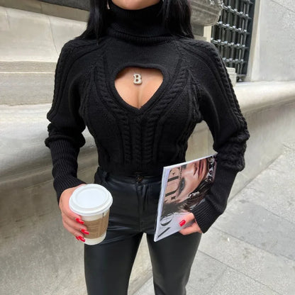 maoxiangshop  -  Women's Sweater Sexy Turtle Neck Love Hollow Pullover Sweater Autumn Winter Twist Knitted Short Street Casual Top Female