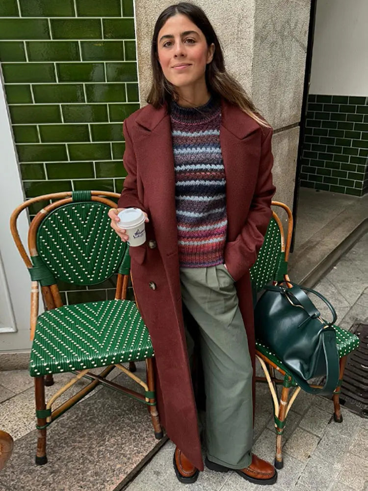 maoxiangshop -  Winter Vintage Solid Wool Blends Long Coats Women Turndown Collar Double Breasted Jacket Office Lady Street Long Sleeve Overcoat