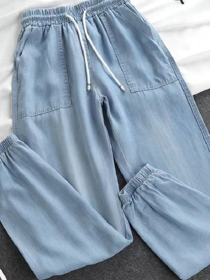 Women Pants Summer New 2023 LOOSE Lace-up Thin High Elastic Woman Jeans Oversize Trousers Soft Cool Female Casual Denim Pants