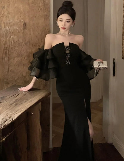 Fashion Sexy Black Party Prom Dresses Elegant Slim Waist Split Runway Robe Women Spring Summer Off Shoulder Vestidos Clothes