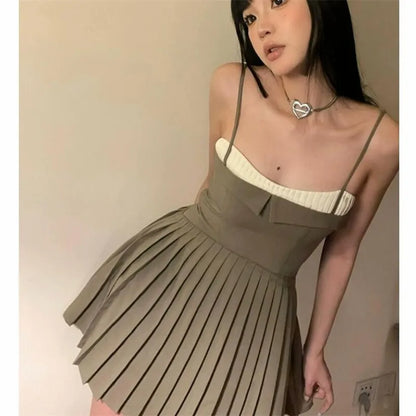 Y2K Pleated A-line Short Skirt Small Girl Slash Neck A Line Patchwork Ballet Strap Dress Summer Super Mini Party Dress