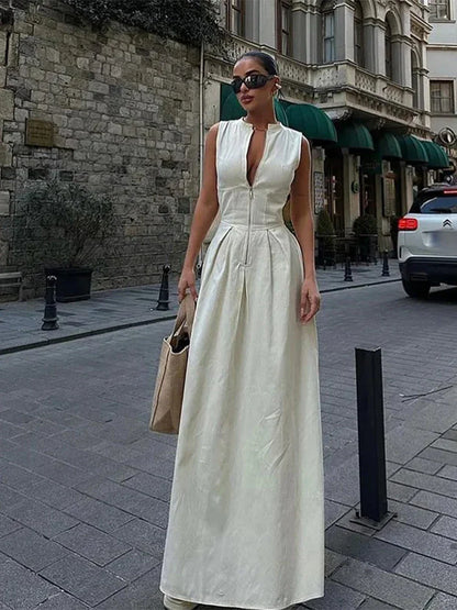 Fashion Sleeveless Spliced Zipper Maxi Dress Elegant V-neck High Waist Slim Pleated Long Dresses Summer Office Lady Street Robes