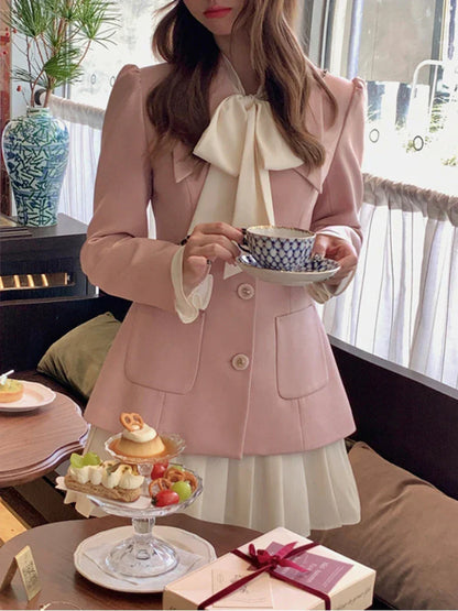 Winter Elegant Two Piece Set Women Korean Fashion Bow Sweet Party Dress Set Female Long Sleeve France Chic Mini Dress Suit 2023