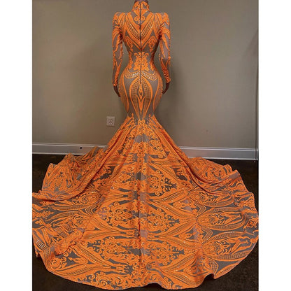 maoxiangshop Orange Mermaid Evening Gowns  Party Dress For Womens Blingbling Applique Long Sleeves Occasion Gown Robe De Soir¨¦e