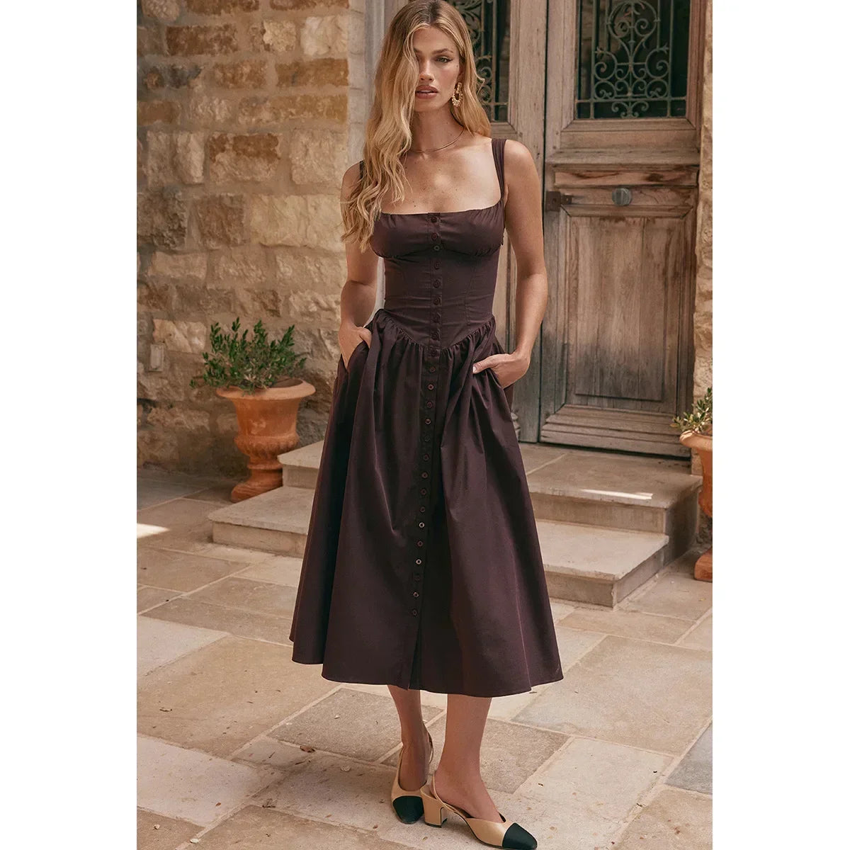 Mingmignxi Autumn Dress Woman 2023 Trendy Midi Spaghetti Strap Dress Brown Long One-piece Dress Gown New in Sexy Birthday Dress