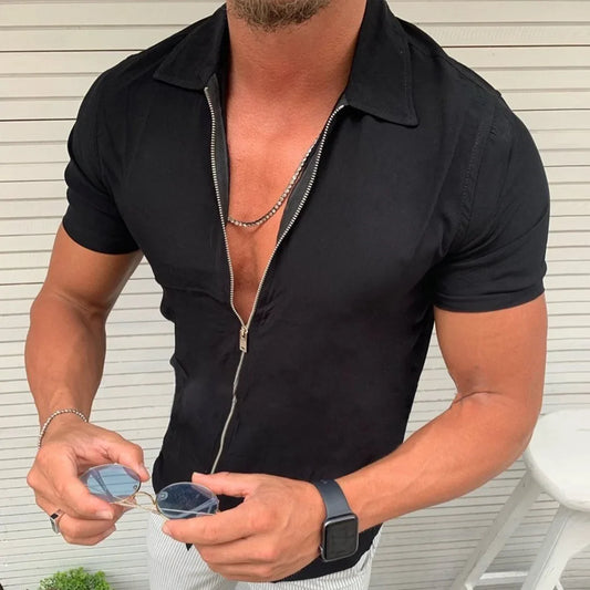 maoxiangshop Men's Light Business Office Casual Zipper Short Sleeve Shirt Slim Fit Solid Color Lapel Cardigan Fashion Tops
