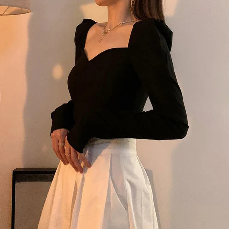 maoxiangshop Vintage Elegant Shirts Women Puff Sleeve Square Collar Blouses Office Lady Korean Autumn Black Chic Slim Casual All Match Tops