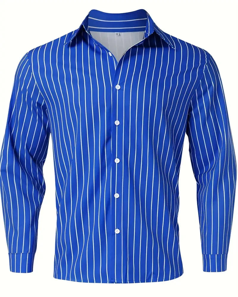 maoxiangshop Men's Fashion Loose Striped Pattern Shirt, Casual Breathable Lapel Button Long Sleeve Shirt Top Comfortable Soft Fabric 6XL