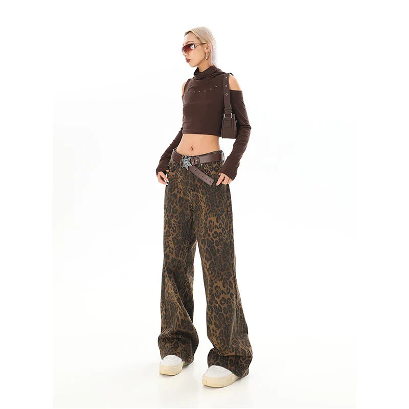 Women's Brown Jeans Leopard Print Retro Straight Tube Baggy Pants Fashion Street Fashion Y2K Jeans New Winter Leggings