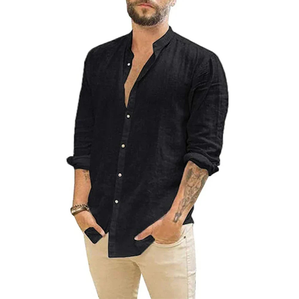maoxiangshop Cotton Linen Hot Sale Men's Long-Sleeved Shirts Summer Solid Color  Stand-Up Collar Casual Beach Style Plus Size