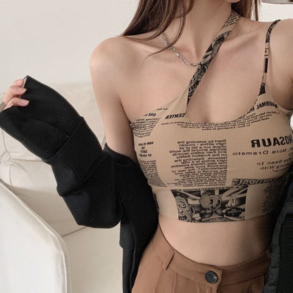 maoxiangshop irregular spaghetti strap tank top woman newspaper letter print wirefree bra camis for women camisole new trend