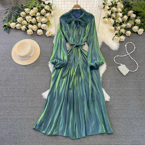 maoxiangshop Frenchic Vintage Long Dress Women Lace-up Bow Collar Lantern Sleeve Female Vestidos De Mujer Spring Elegant Dresses