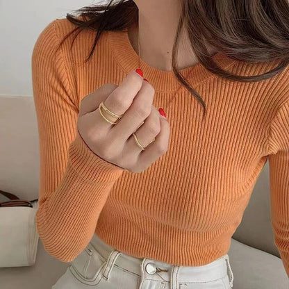 maoxiangshop Sweater Women Pullover Autumn Winter Basic Slim Fit O-Neck Knitted Sweaters Female Solid Ribbed Long Sleeve Jumpers Top