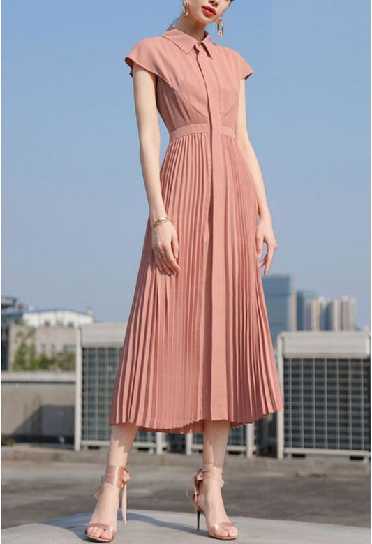 Summer New Temperament Ladies Dress Short Sleeve Shirt Skirt Long Pleated Skirt Office Wear Elegant and Simple