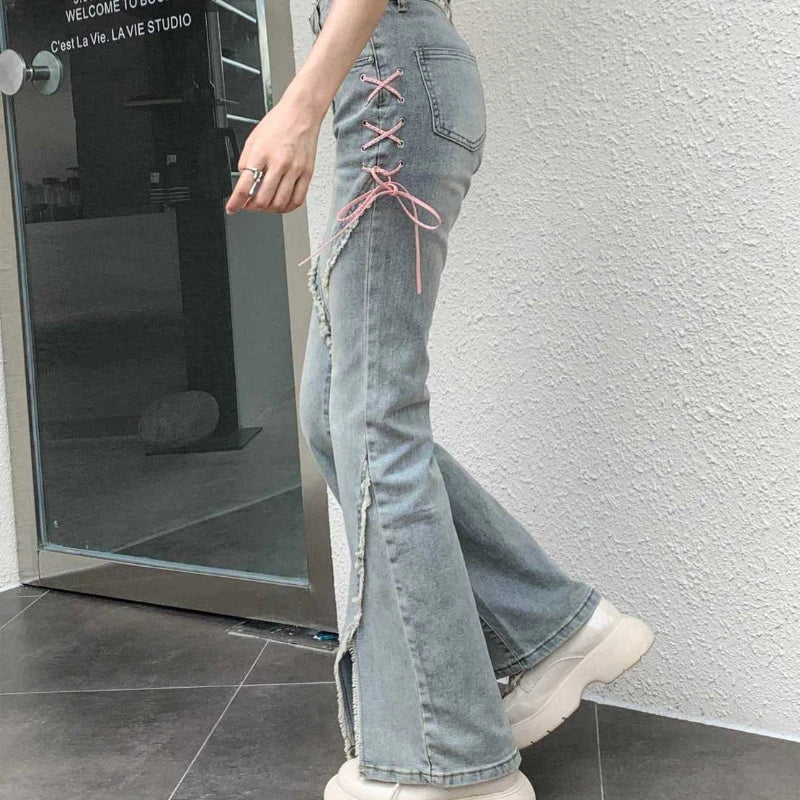 maoxiangshop American Split Jeans Women Pink Bandage High Waist Irregular Spliced Denim Pants Zipper Fly Trousers Y2k Pantalon Femme