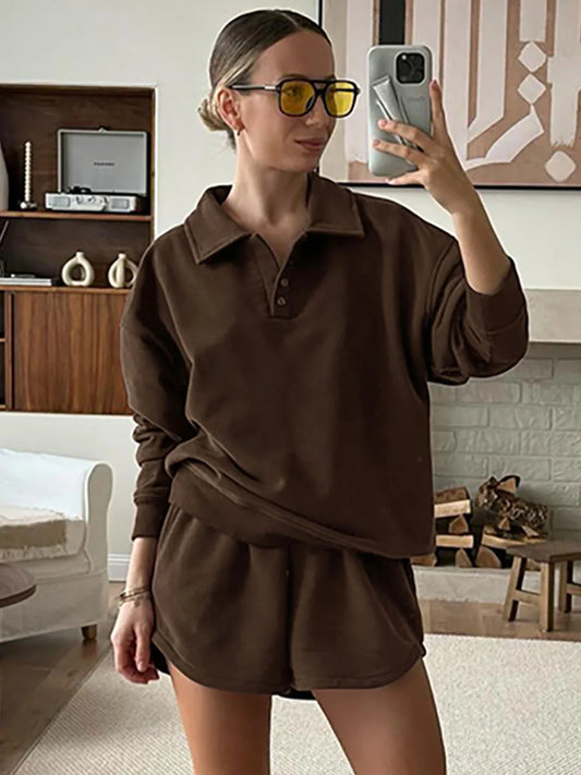 maoxiangshop  -  2024 New Solid Color Vintage Shorts Sets Autumn Long Sleeve Button Sweatshirts+Shorts Women Casual Fashion Sport Two-piece Set