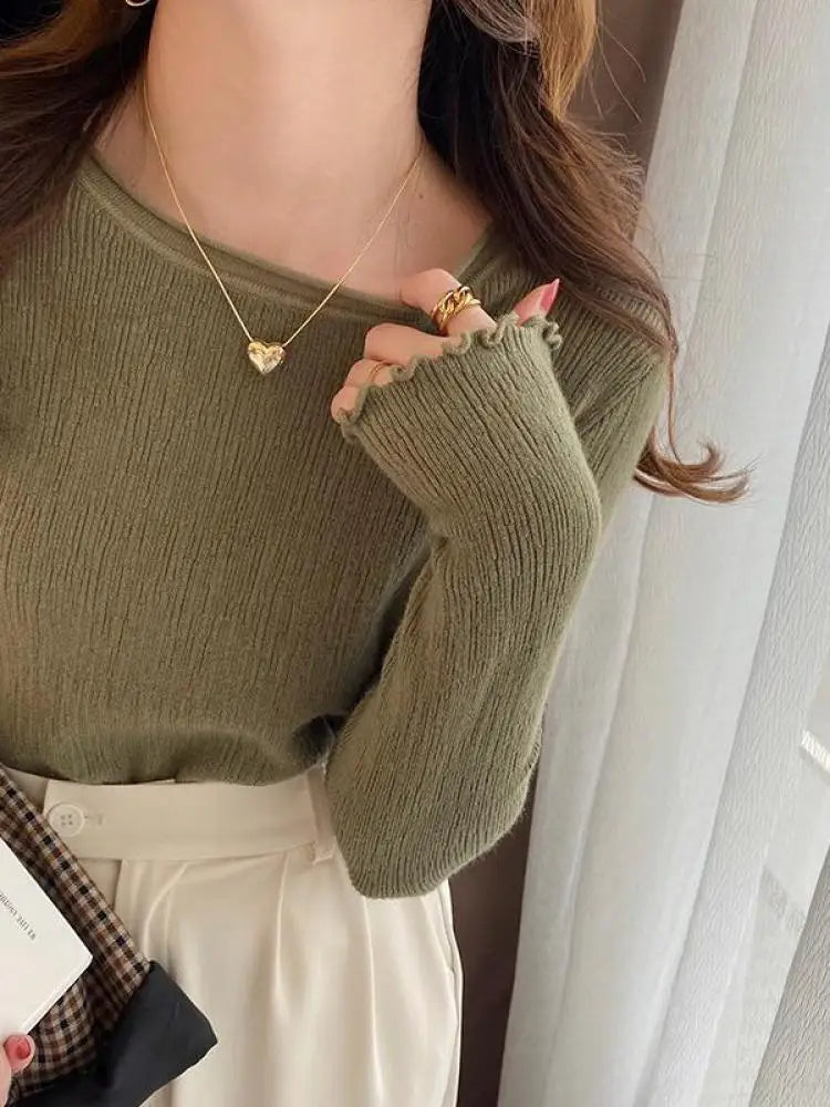 Women Pullovers Sweaters Knit Soft Jumper tops Ruched Autumn Winter Tops O-Neck Ribbed Long Sleeve Korean Slim Female Sweater