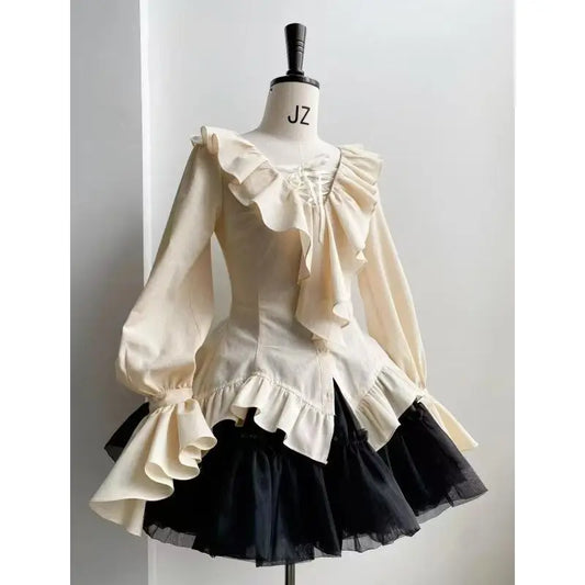 maoxiangshop  -  Autumn French Retro Court Style Lace up Ruffle Long Sleeve Shirt Top Black Puffy Cake Skirt Set Two Piece Sets Women Outfits