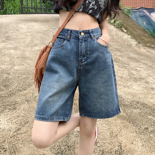 maoxiangshop Y2k Baggy Shorts Pants Women Summer Vintage Blue Wide Leg Denim Short Korean Fashion Casual Female Knee Length Jeans Mujer