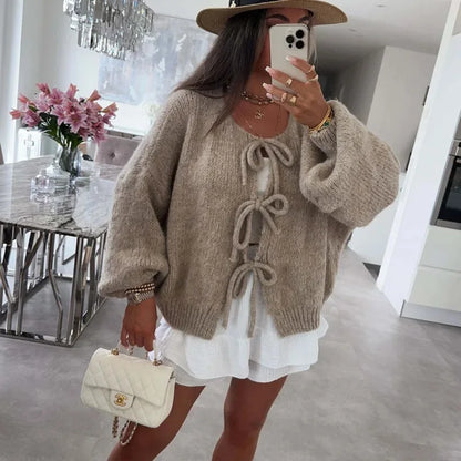 maoxiangshop  -  Fashion Lace Up Bow Knitted Cardigan Woman O Neck Long Sleeve Hollow Out Sweater Coat Autumn Female Casual High Street Knitwear