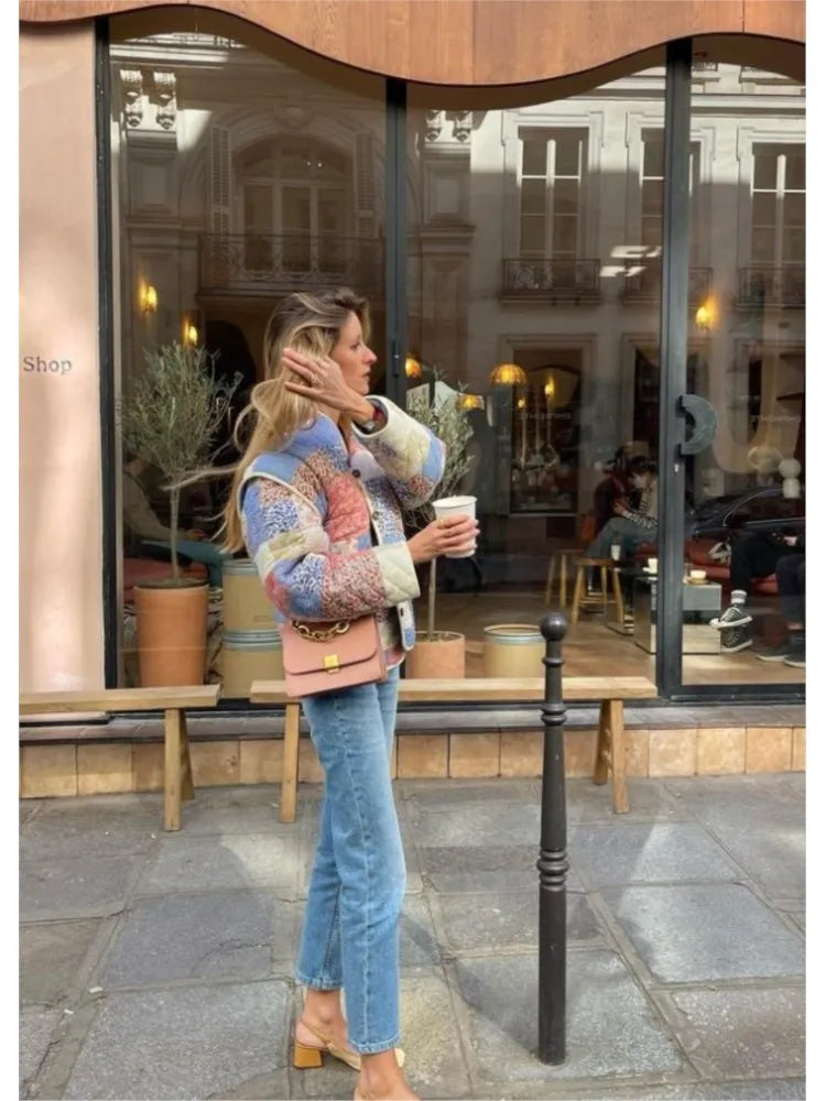 maoxiangshop  Women Printed Detachable Sleeve Cotton Jacket Autumn Fashion Single Breasted Female Coats Elegant Sweet Warm Street Jackets